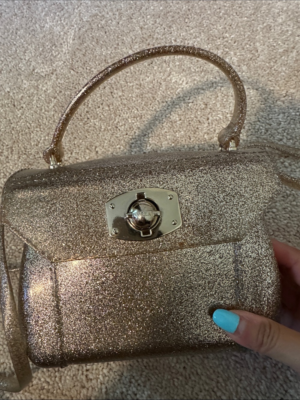 Furla- Glitter Rubber Mini Top-Handle Bag in Rose Gold